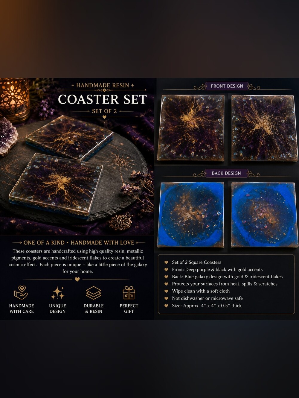 Handmade Resin Coaster Set - Deep Purple & Blue Galaxy with Gold Accents